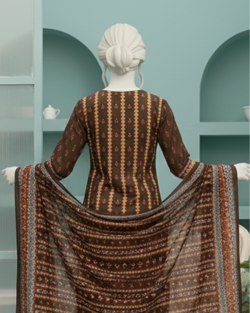 3 Pieces - Neova Unstitched Coffee Brown Print Lawn Suit