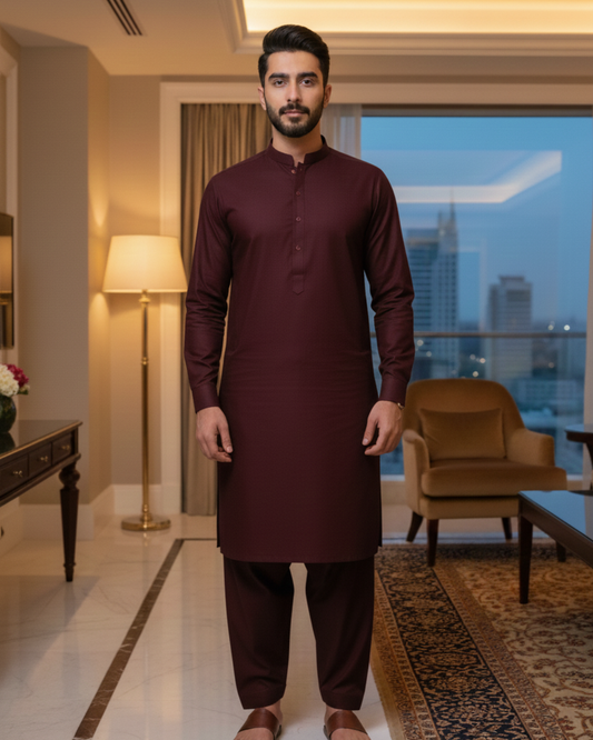 Men's Unstitched Maroon Wash & Wear Suit