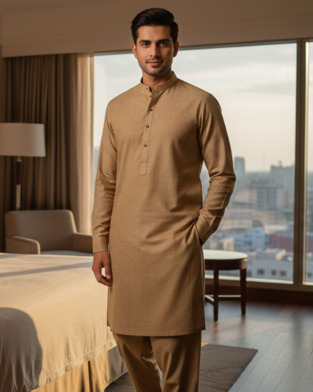 Men's Unstitched Handmade khaadi Slub Cotton Light Brown Suit