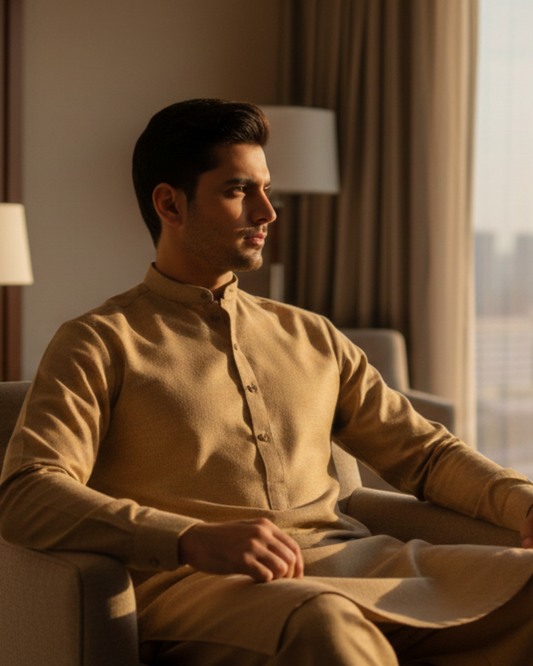Men's Unstitched Handmade khaadi Slub Cotton Light Brown Suit