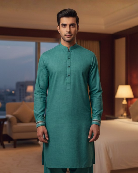 Men's Unstitched Handmade khaadi Slub Cotton Light Green Suit
