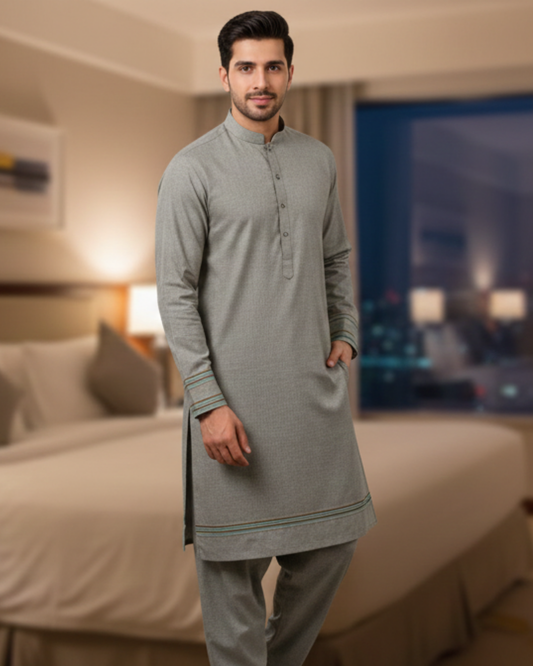 Men's Unstitched Handmade khaadi Slub Cotton Light Zink Suit