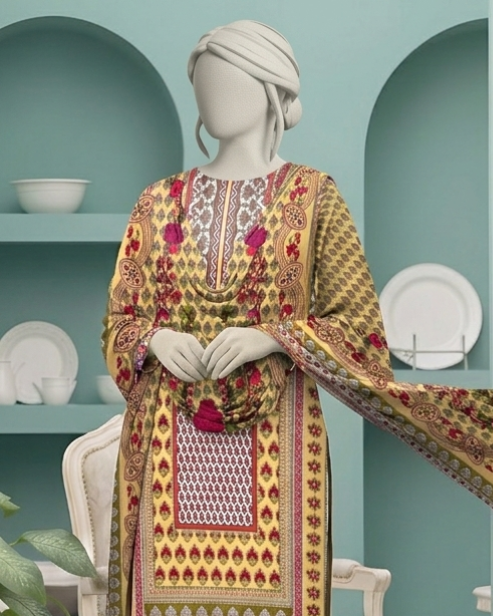 3 Pieces - Neova Unstitched Mustard Yellow Print Lawn Suit