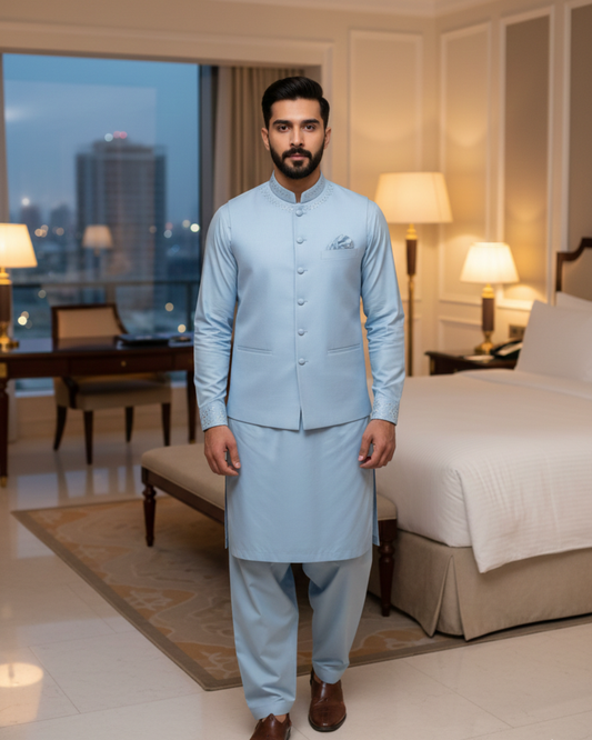 Men's Unstitched Soft Cotton Sky Blue Suit