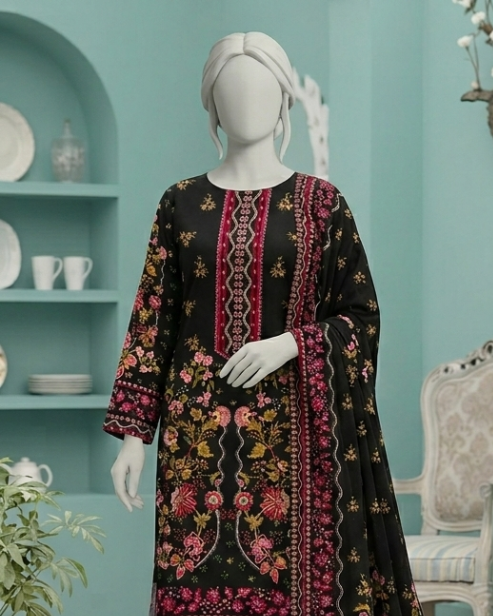 3 Pieces - Neova Unstitched Jet Black Print Lawn Suit