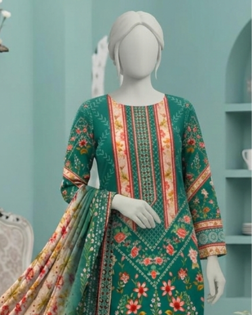 3 Pieces - Neova Unstitched Teal Green Print Lawn Suit