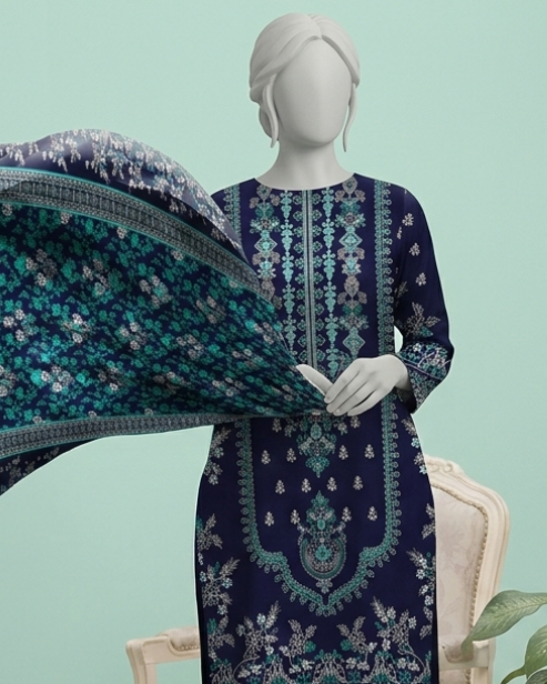 3 Pieces - Neova Unstitched Navy Blue Print Lawn Suit