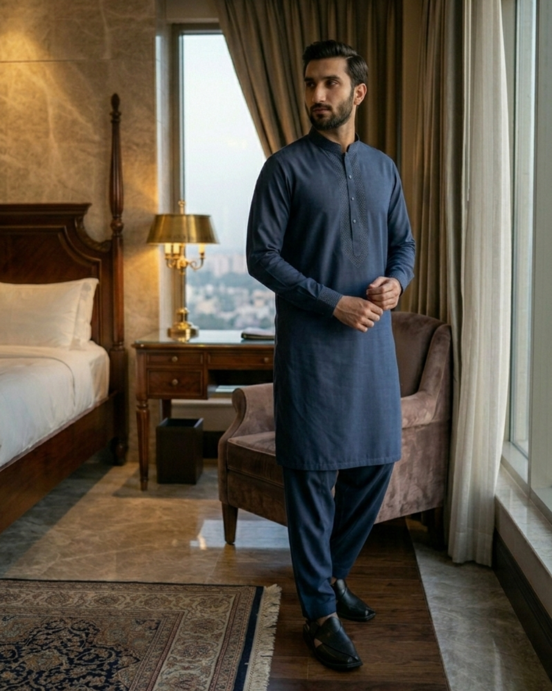 Men's Unstitched Classic Cotton Navy Blue Suit