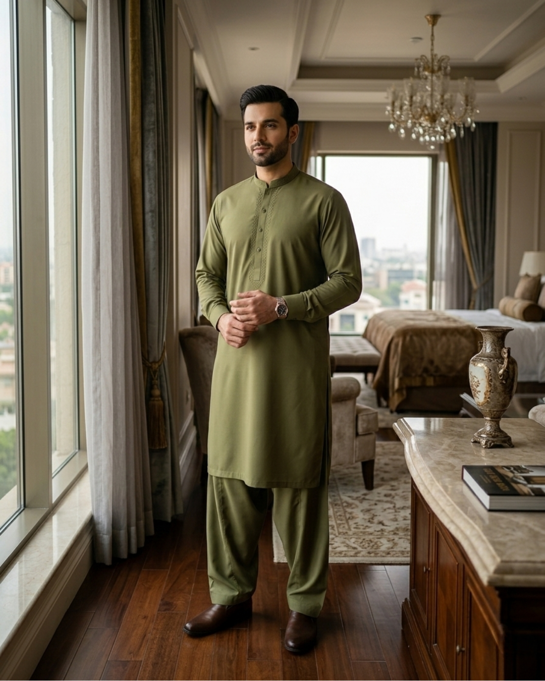 Men's Unstitched Olive Green Wash & Wear Suit