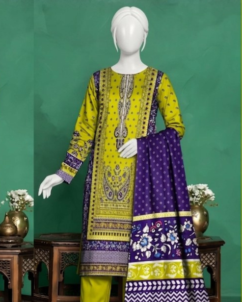 3 Pieces - Neova Unstitched Lime Print Lawn Suit