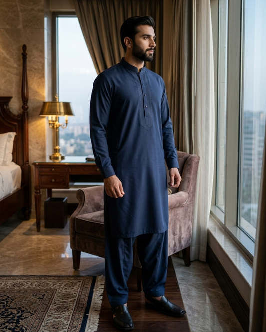 Men's Unstitched Classic Cotton Navy Blue Suit