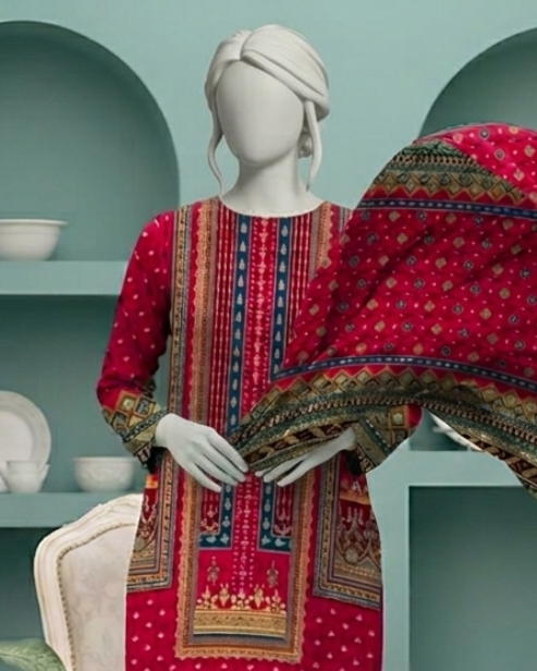 3 Pieces - Neova Unstitched Red Print Lawn Suit