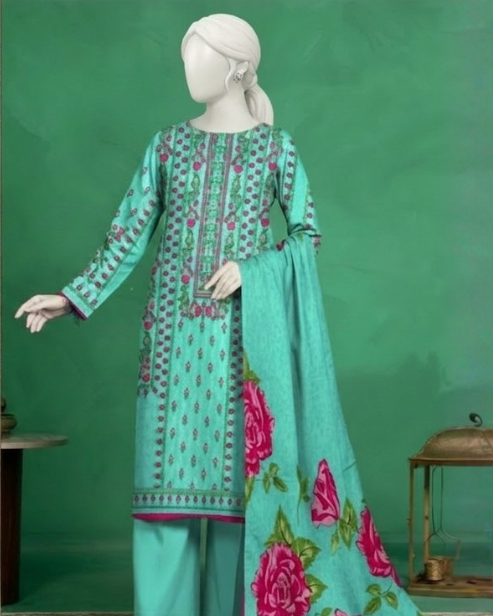 3 Pieces - Neova Unstitched Turquoise Print Lawn Suit