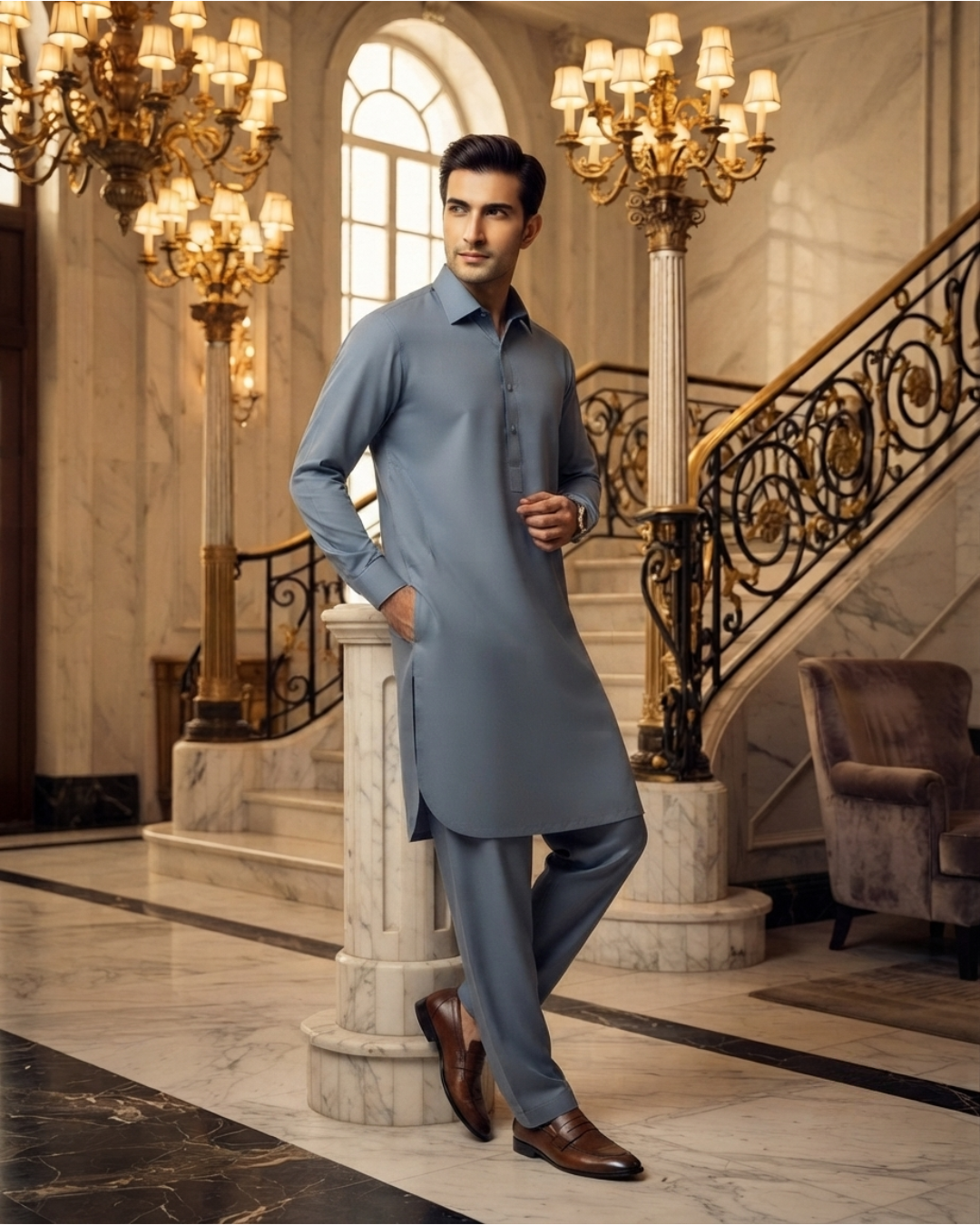 Men's Unstitched Blue Grey Wash & Wear Suit