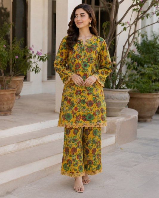 2 Pieces - Gen-Z Unstitched Yellow Bana Doria Lawn Suit