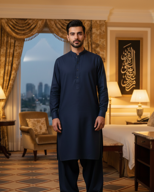 Men's Unstitched Soft Cotton Navy Blue Suit