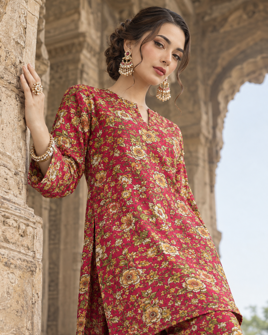 2 Pieces - Winter Slub Unstitched Deep Magenta Pink linen Allover Suit