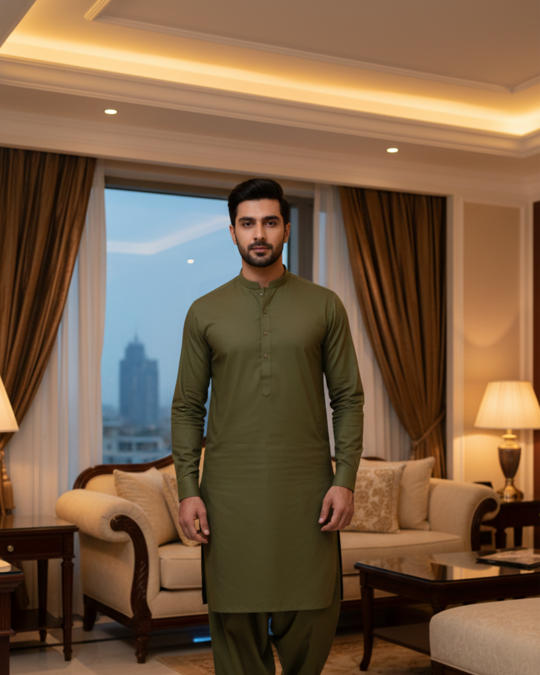 Men's Unstitched Olive Wash & Wear Suit