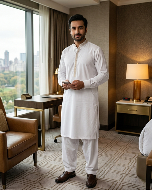 Men's Unstitched Classic Cotton White Suit