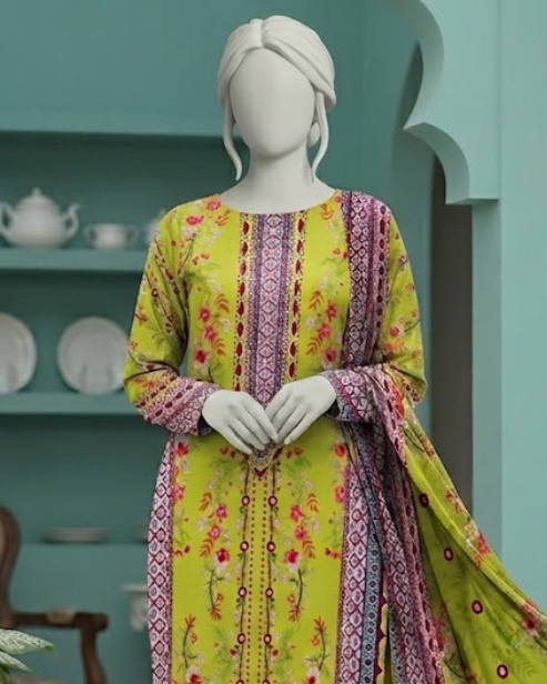 3 Pieces - Neova Unstitched Lime Green Print Lawn Suit