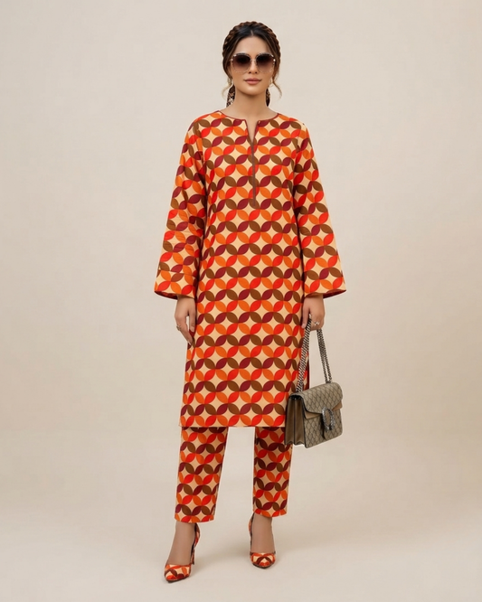 2 Pieces - Gen-Z Unstitched Orange Print Lawn Suit