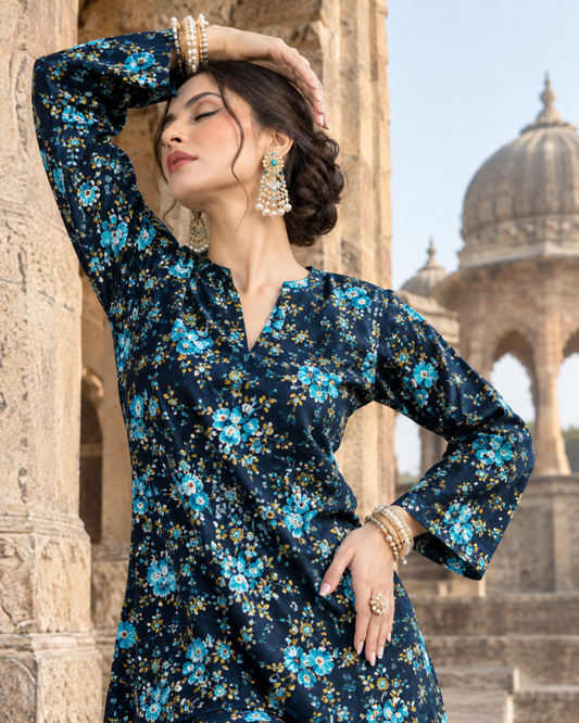 2 Pieces - Winter Slub Unstitched Deep Navy Blue linen Allover Suit