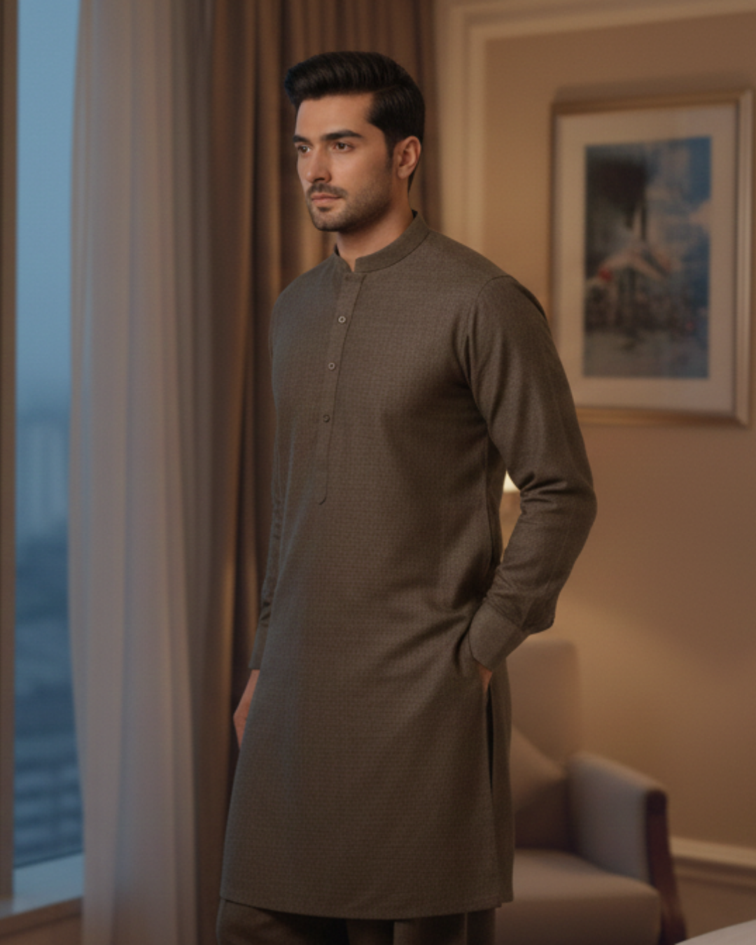 Men's Unstitched Handmade khaadi Slub Cotton Olive Suit