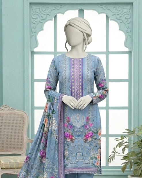 3 Pieces - Neova Unstitched Dusty Blue Print Lawn Suit