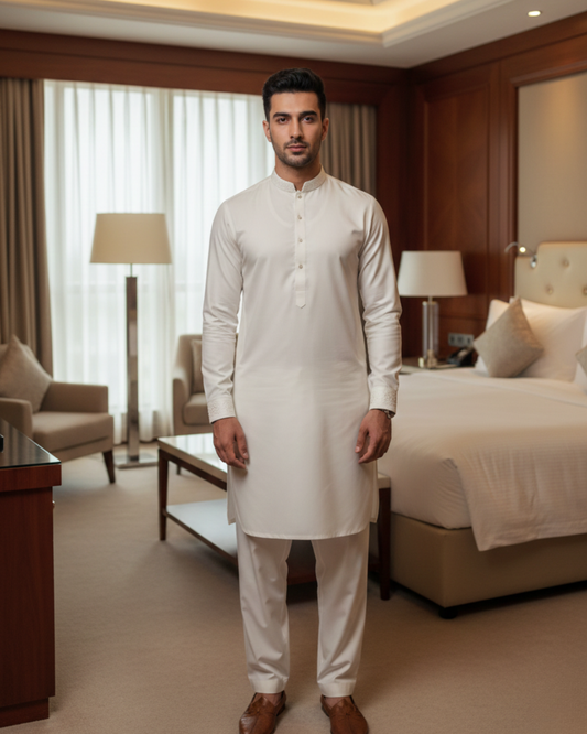 Men's Unstitched Soft Cotton White Suit