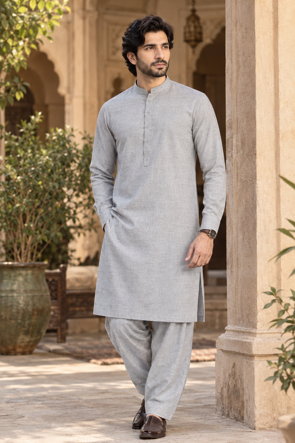Men's Unstitched Sage Taupe Winter kamaliya khaddar Suit