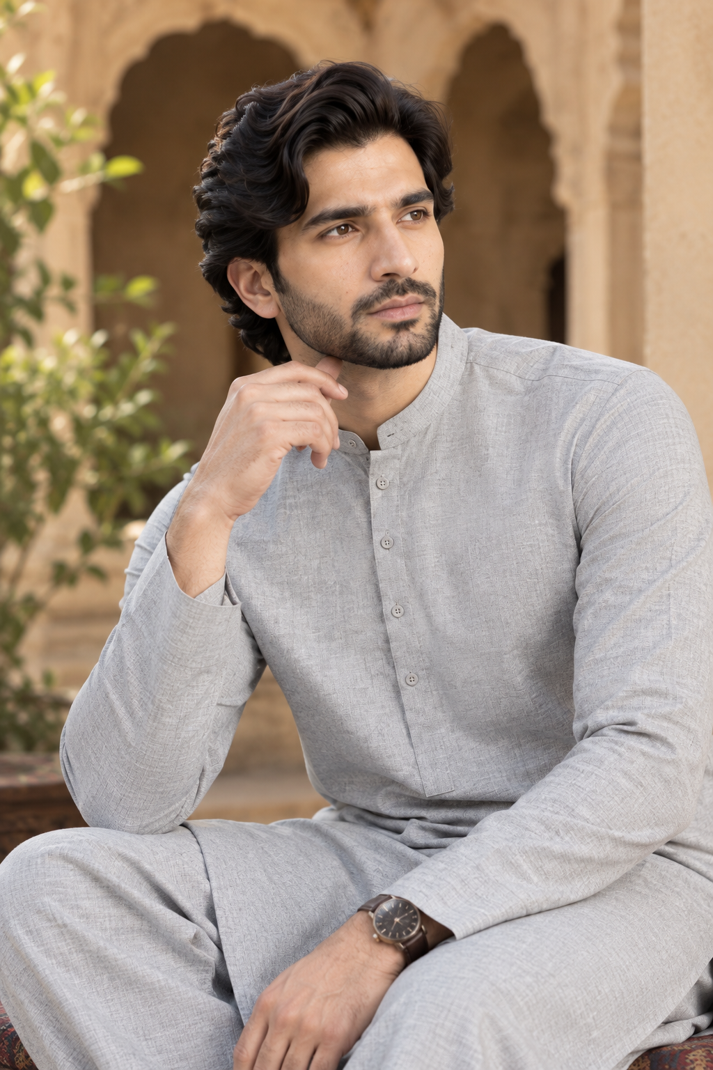 Men's Unstitched Sage Taupe Winter kamaliya khaddar Suit