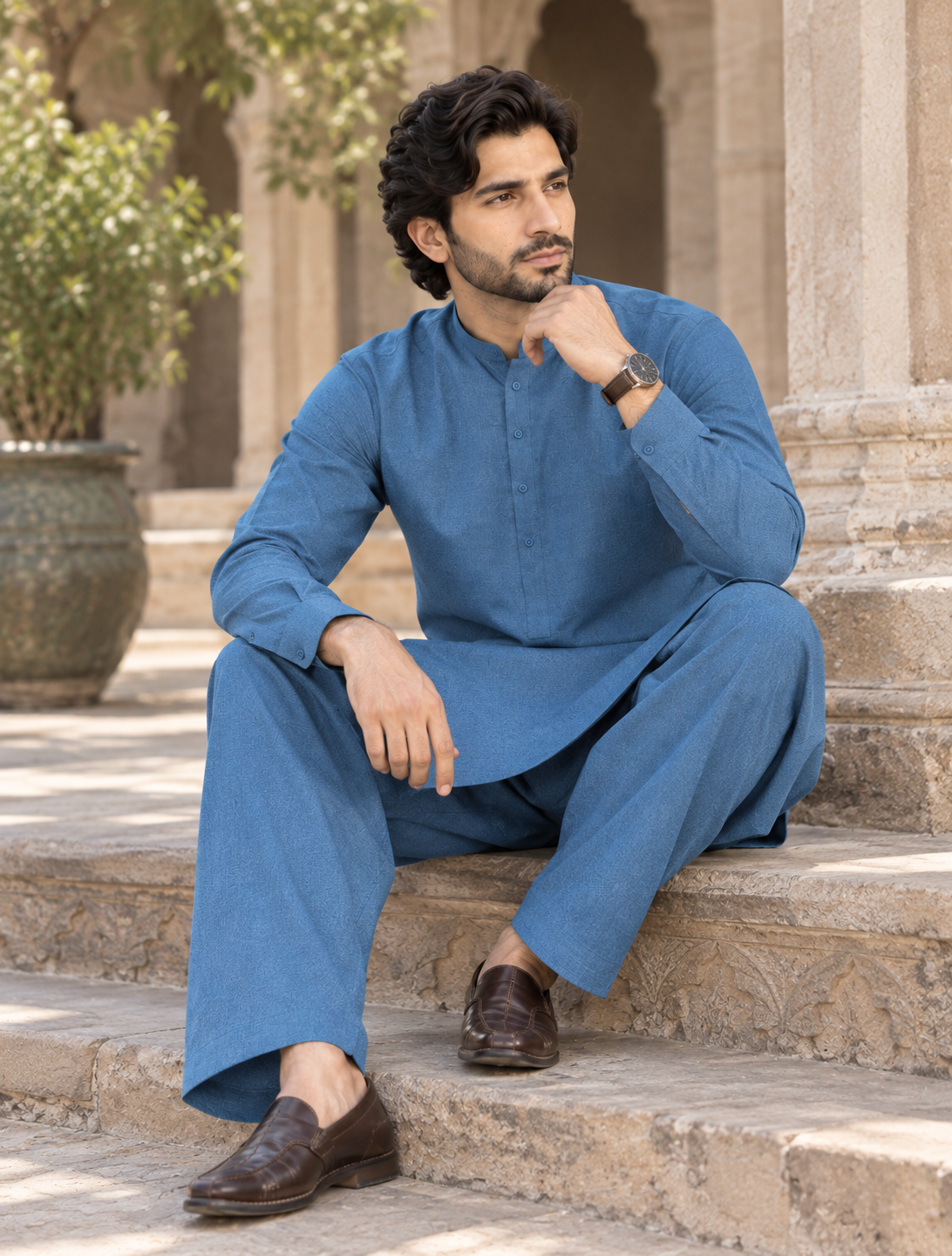 Men's Unstitched Steel Blue Winter kamaliya khaddar Suit