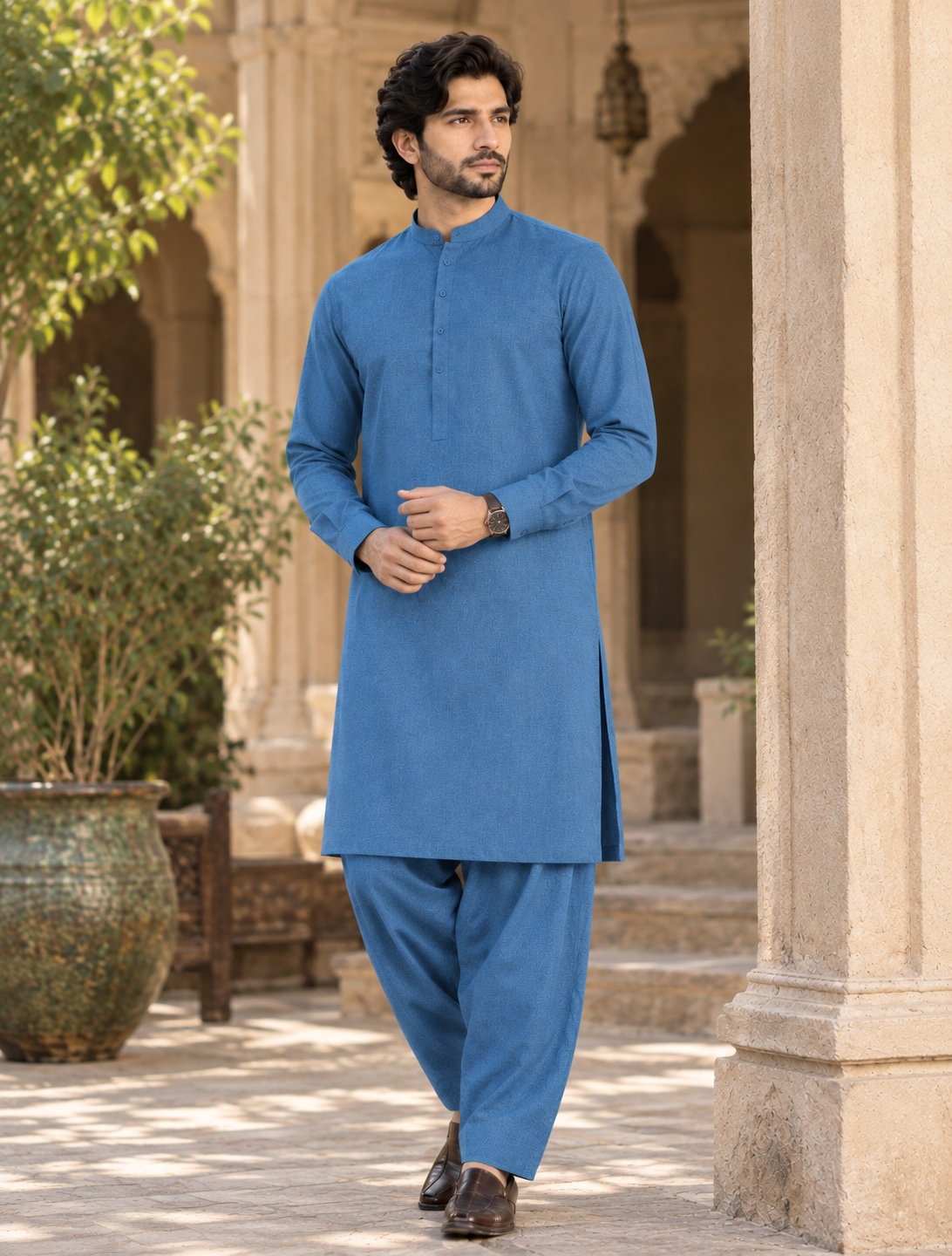 Men's Unstitched Steel Blue Winter kamaliya khaddar Suit