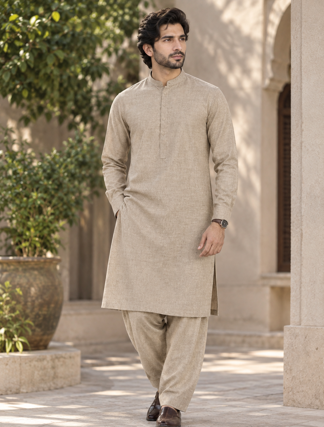 Men's Unstitched Light Brown Winter kamaliya khaddar Suit