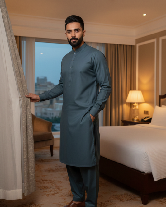 Men's Unstitched Dark Smoke Grey Wash & Wear Suit